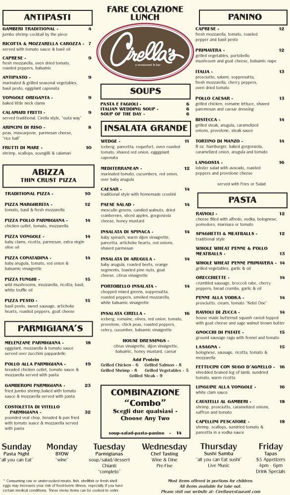 Menu at Cirella's Restaurant, Melville, 14 Broadhollow Rd