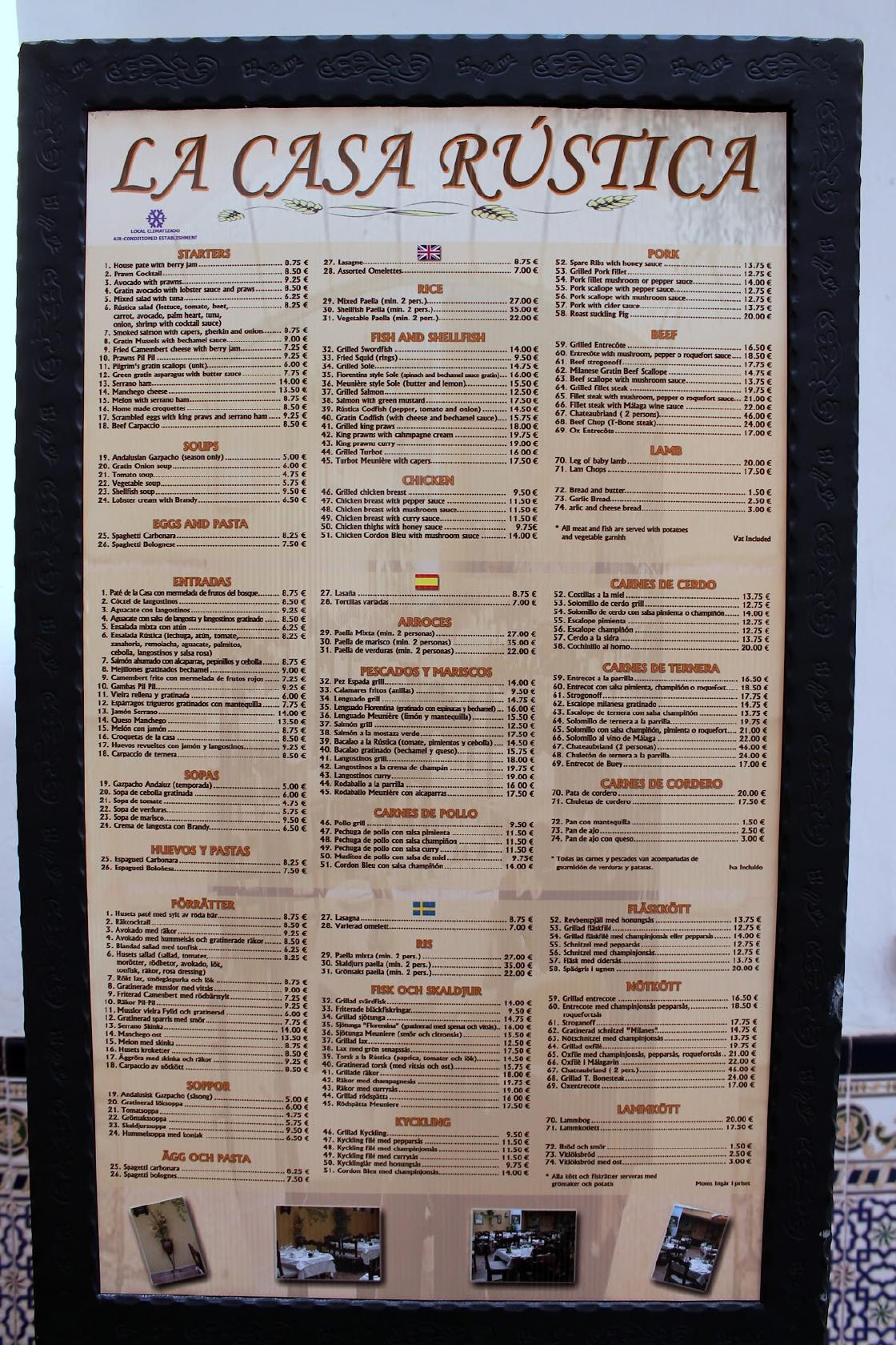 Carta de Restaurante La Casa Rústica, Fuengirola