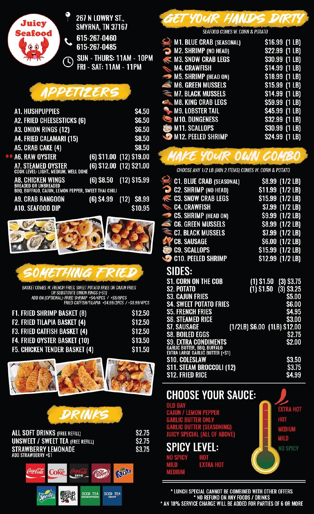 Menu at Juicy Seafood restaurant, Smyrna
