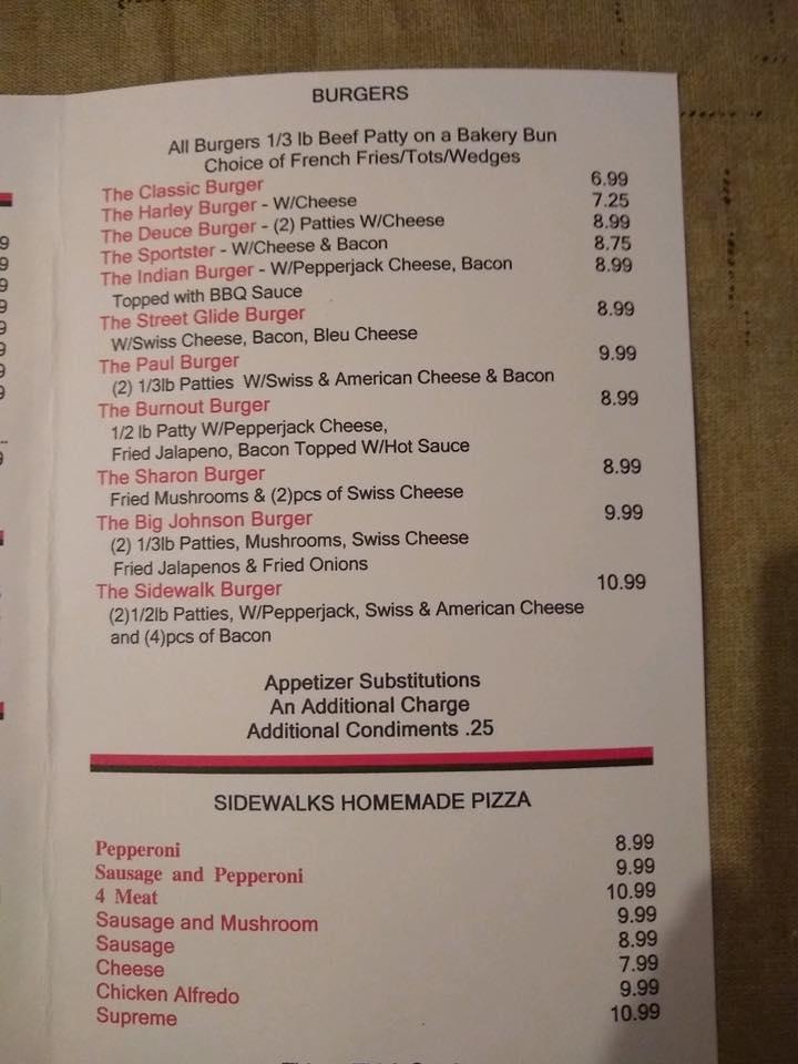 Menu at Sidewalks Saloon & Grill pub & bar, West Union