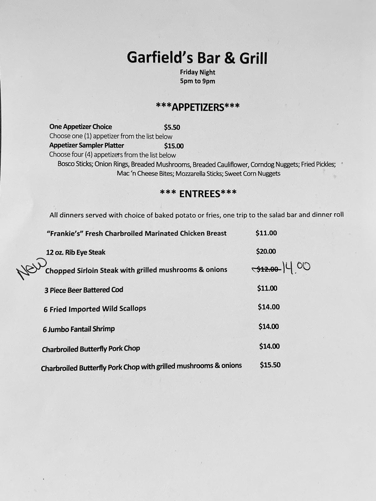 Menu at Garfield's Bar & Grill, Cissna Park