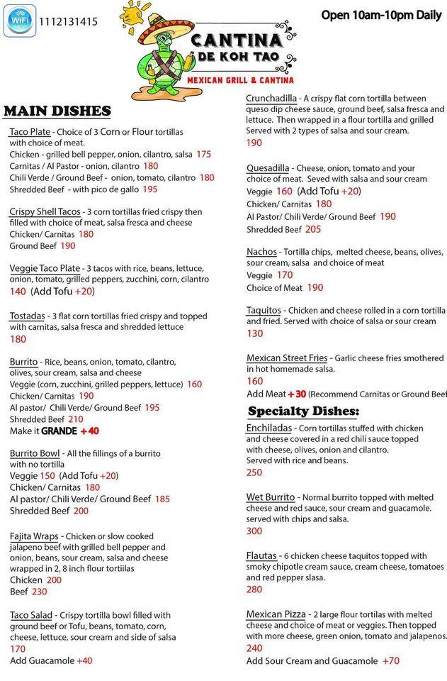 Menu at Cantina De Koh Tao restaurant, Ko Tao
