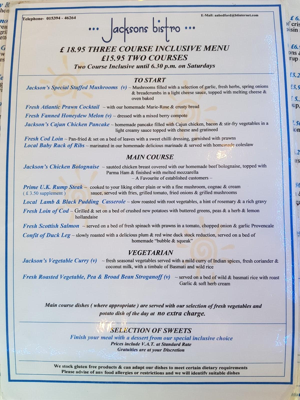 Menu At Jacksons Bistro Restaurant Windermere