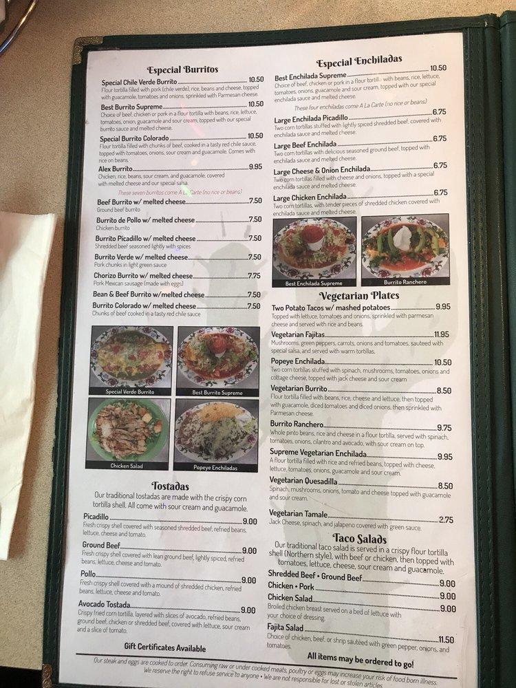 Menu at Mi Pueblo restaurant, Bonners Ferry