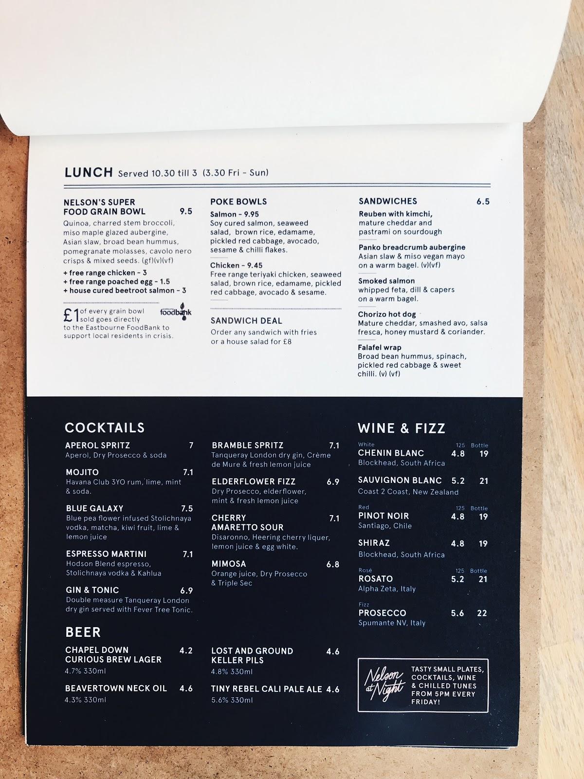 Menu at Nelson Coffee cafe, Eastbourne