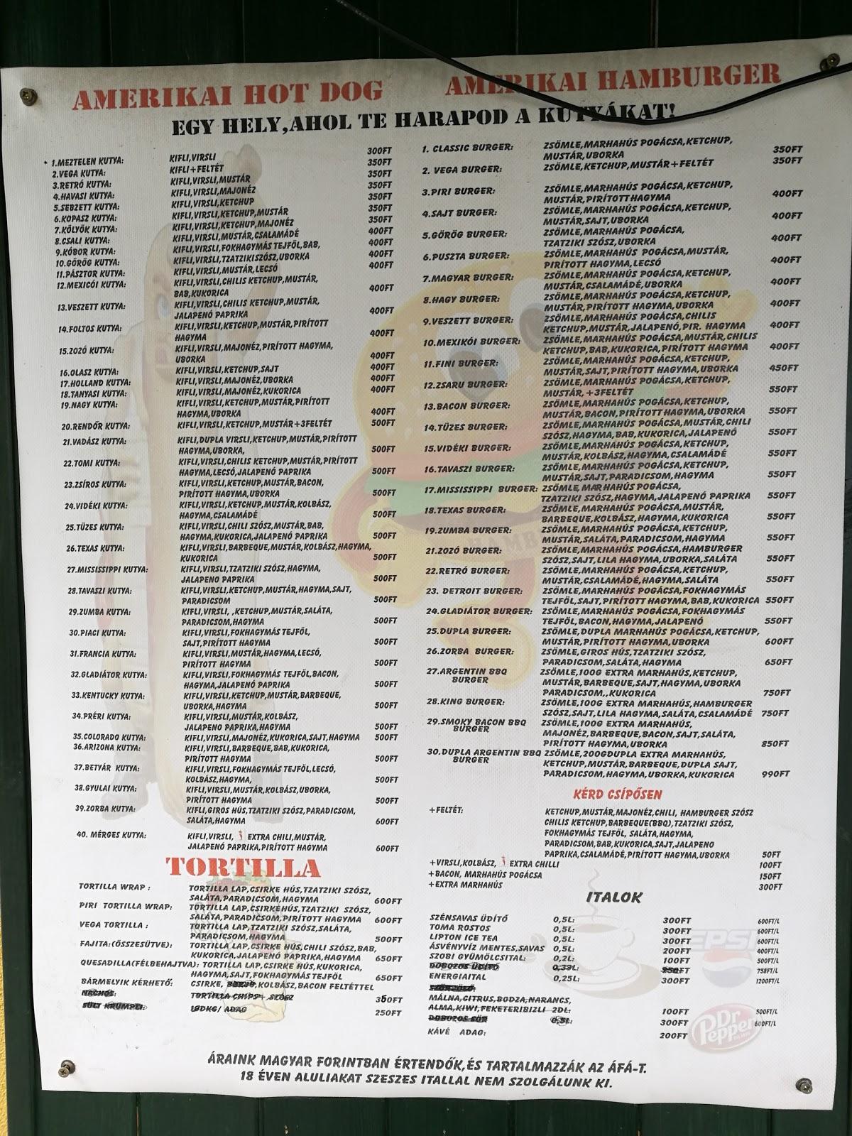 Menu at HotDog King restaurant, Jászberény