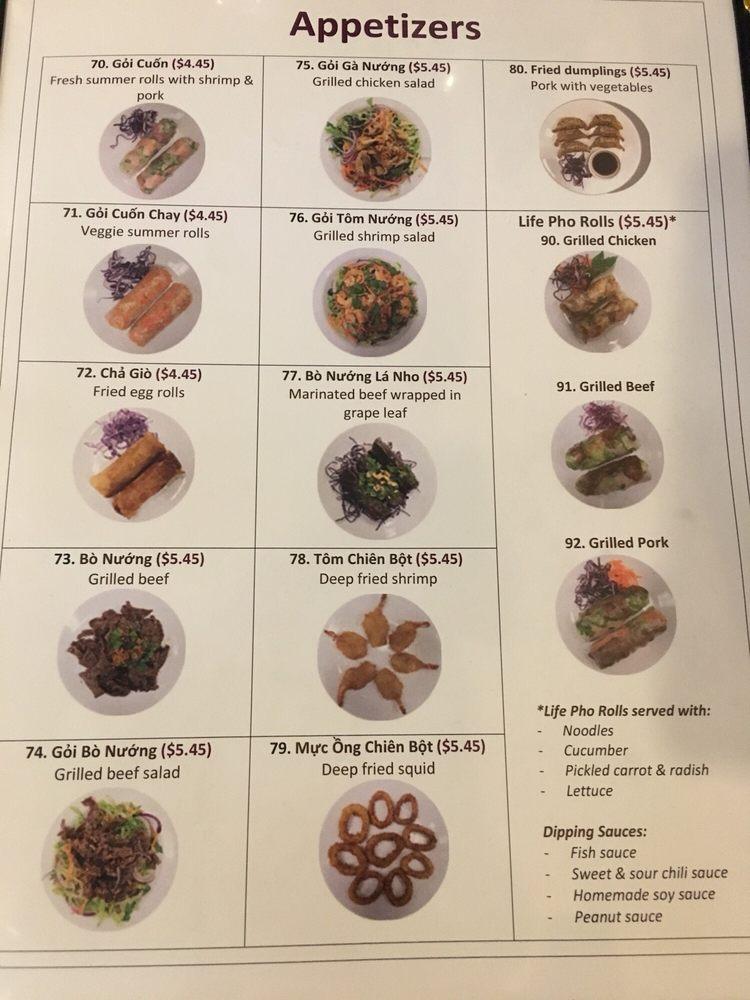 Menu at Life Pho restaurant, Severna Park
