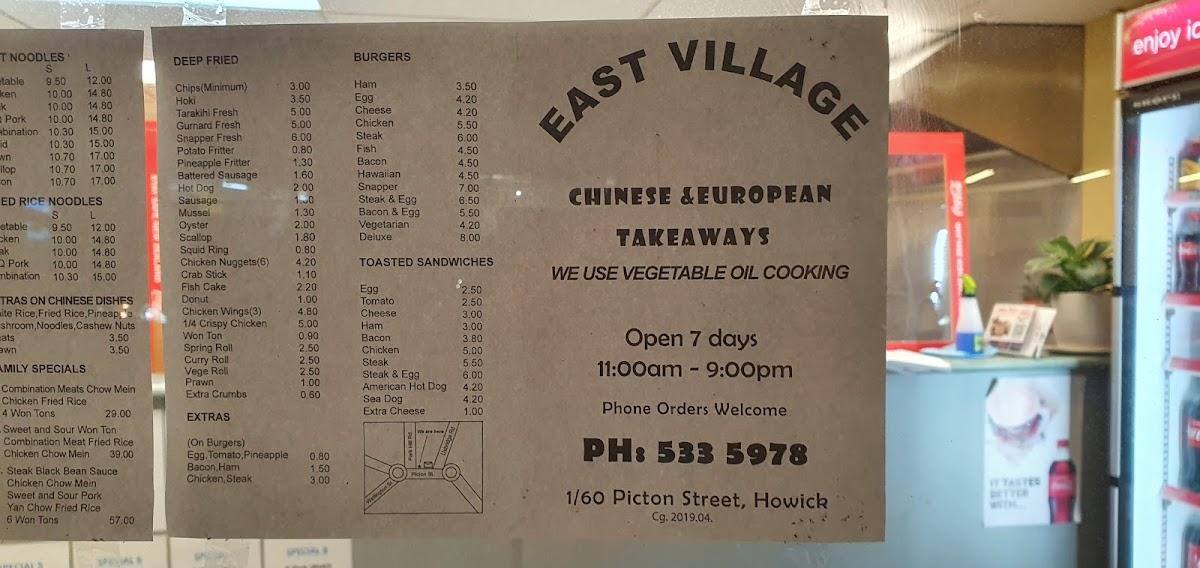 Menu at East Village Takeaway Howick restaurant, Auckland