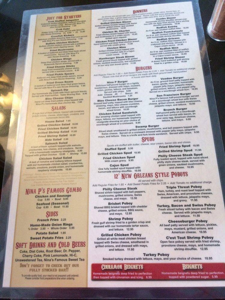 Menu at NinaP's Cafe, Lake Charles