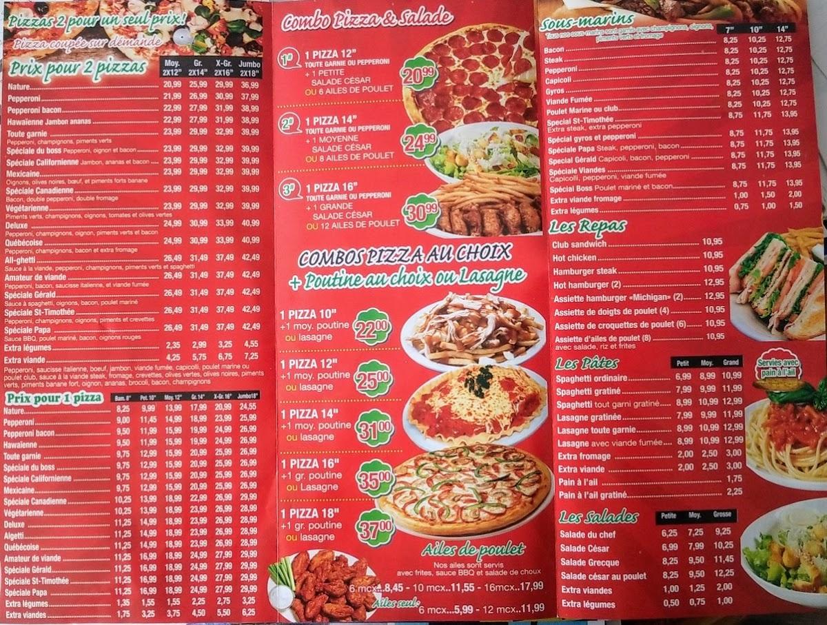 Menu au Papa Pizza restaurant, SalaberrydeValleyfield