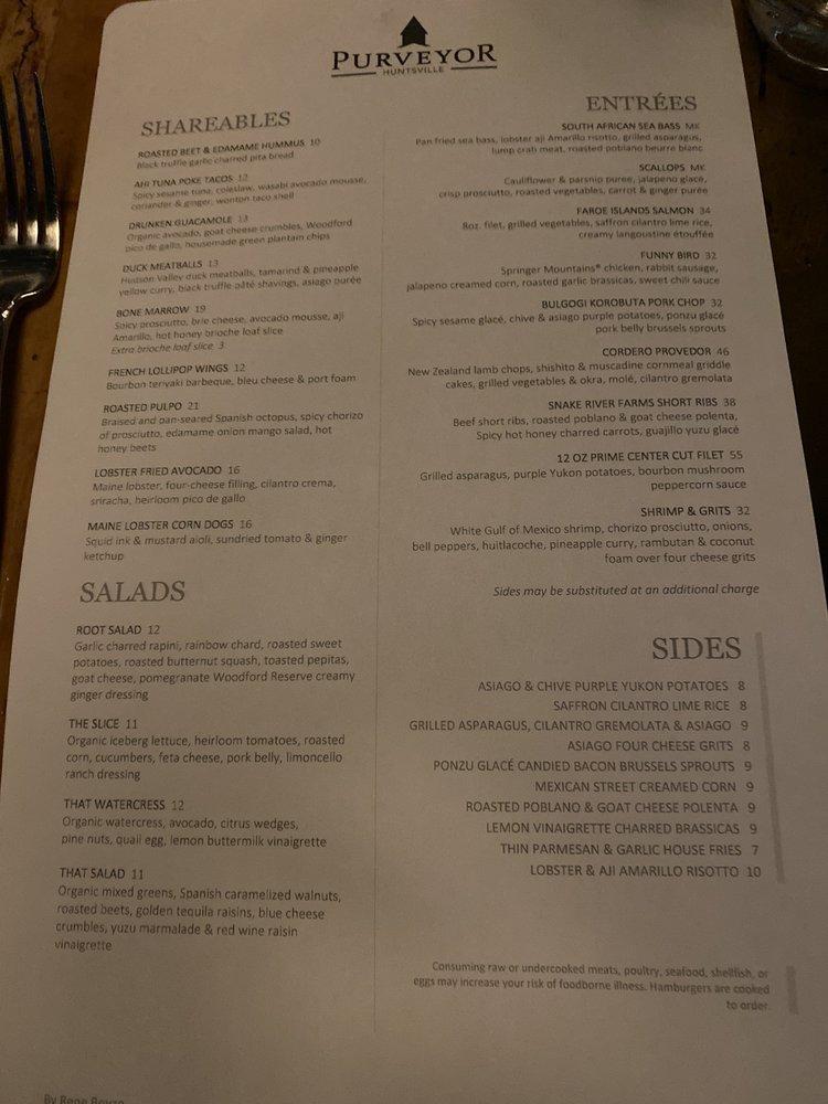 Menu at Purveyor pub & bar, Huntsville