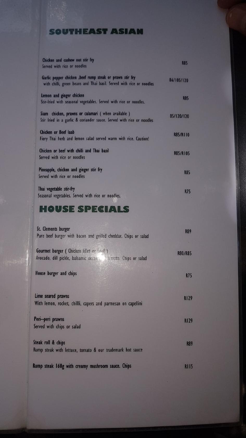 Menu at St. Clements Restaurant, Durban