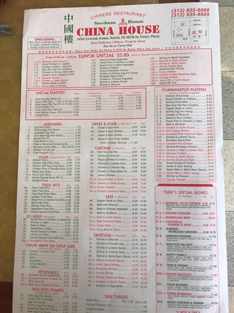 Menu at China House restaurant, Detroit, Livernois