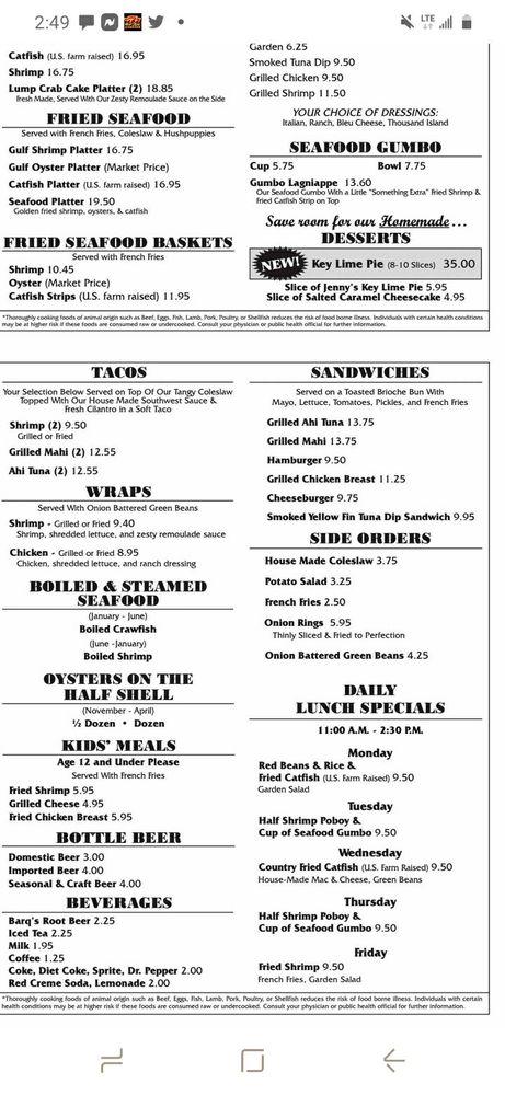 Menu at Lil Rays restaurant, Gulfport