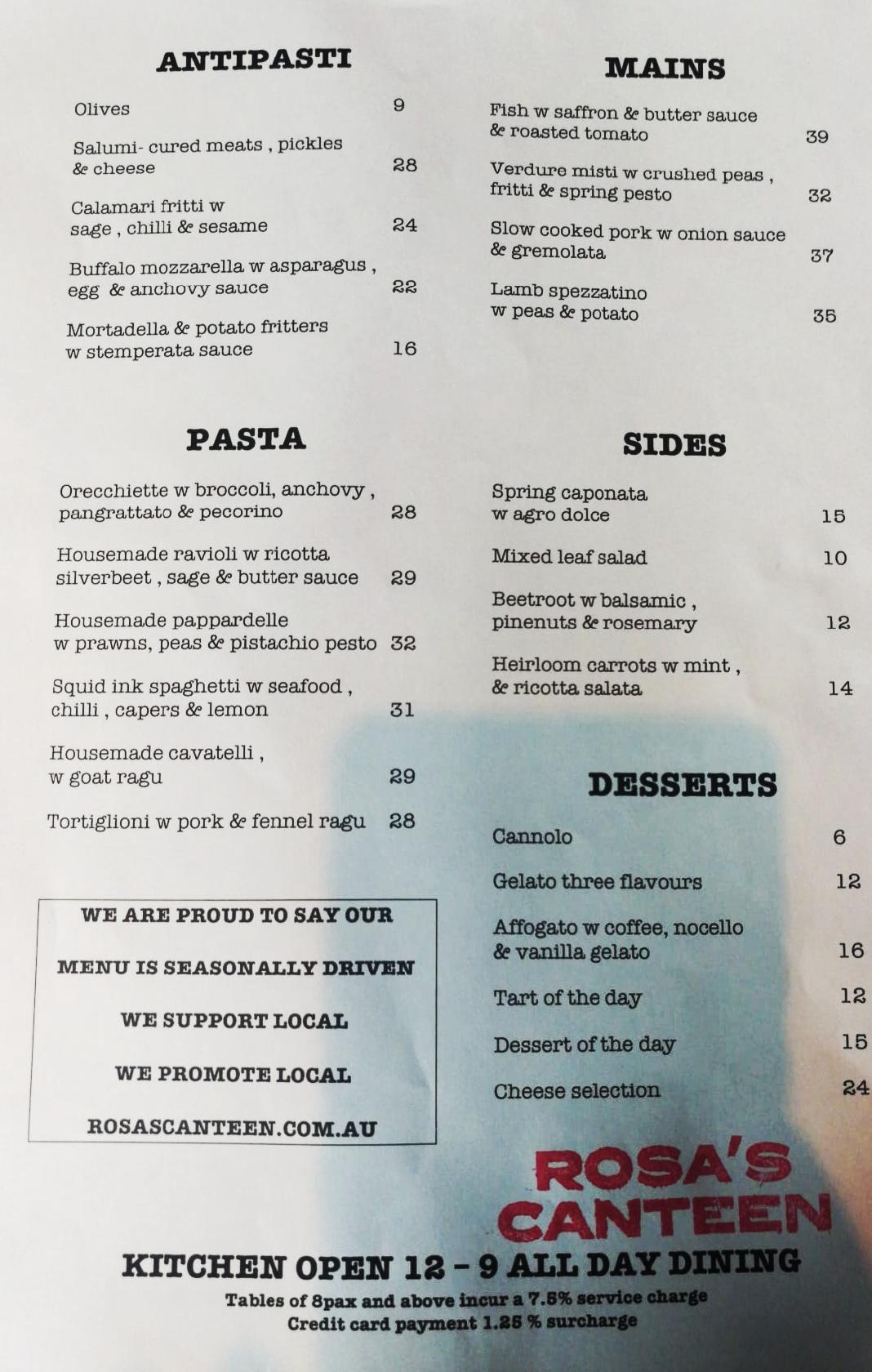Menu at Rosa's Canteen restaurant, Melbourne
