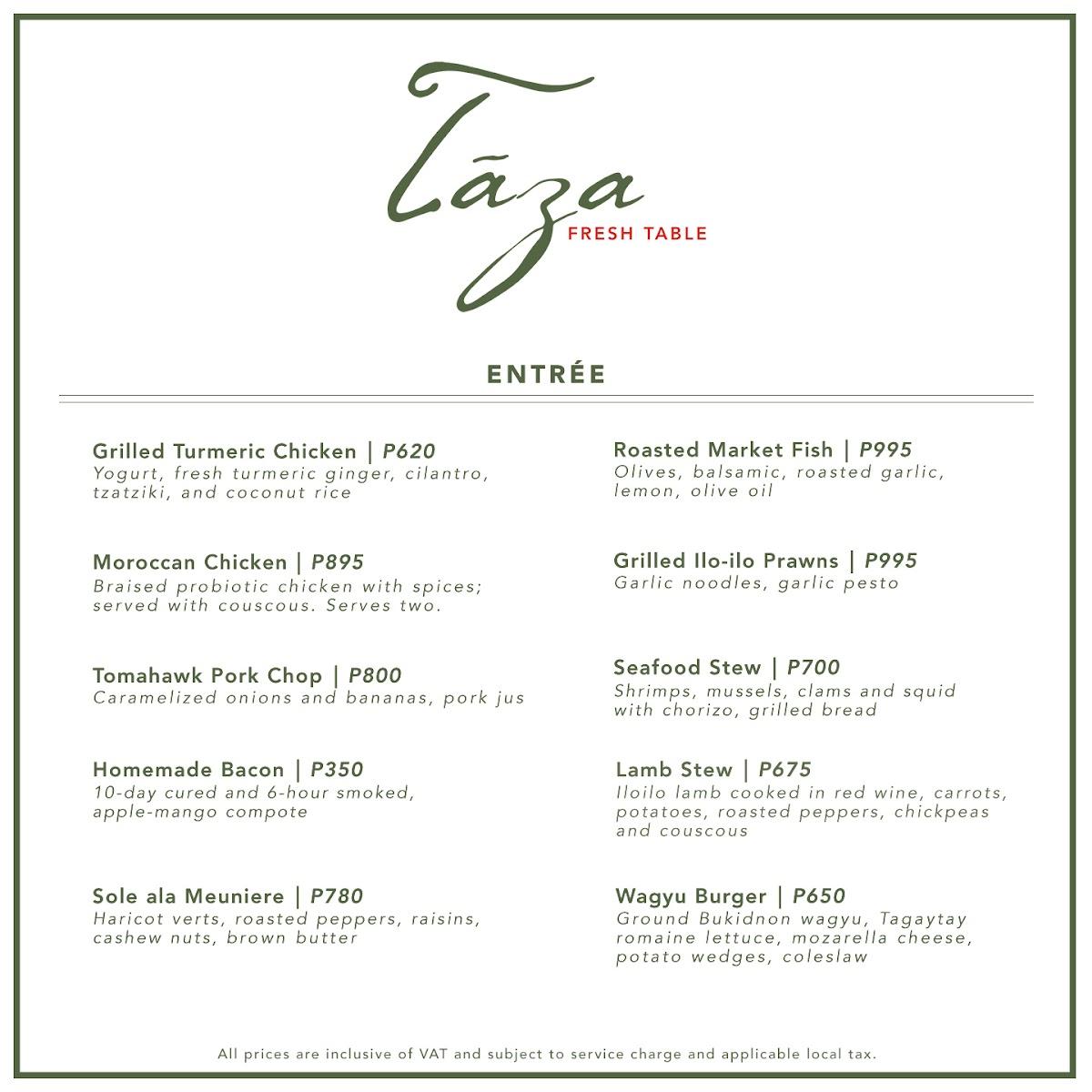 Menu at Taza Fresh Table restaurant, Tagaytay