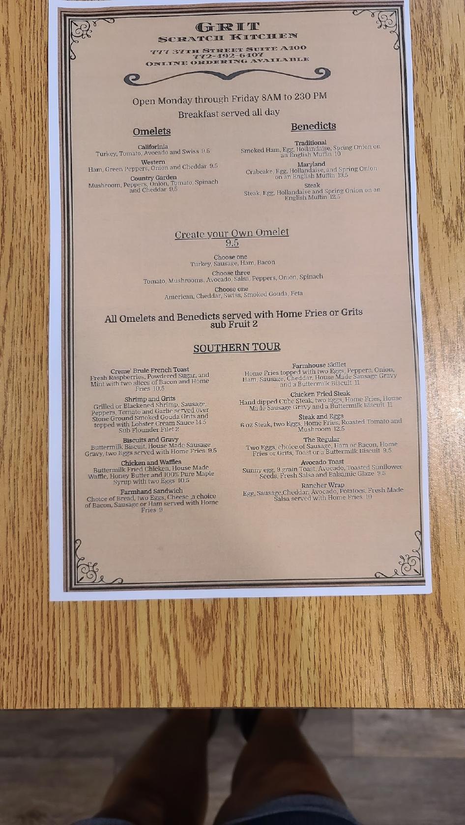 Menu at Grit Scratch Kitchen restaurant, Vero Beach, 777 37th St Suite