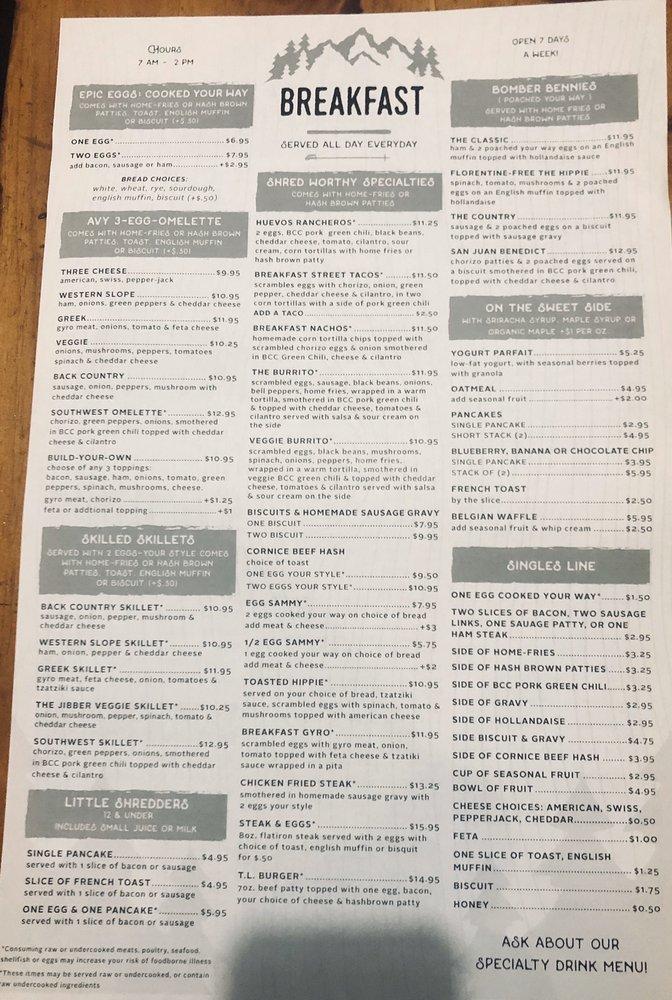 Menu at Back Country Cafe, Gunnison