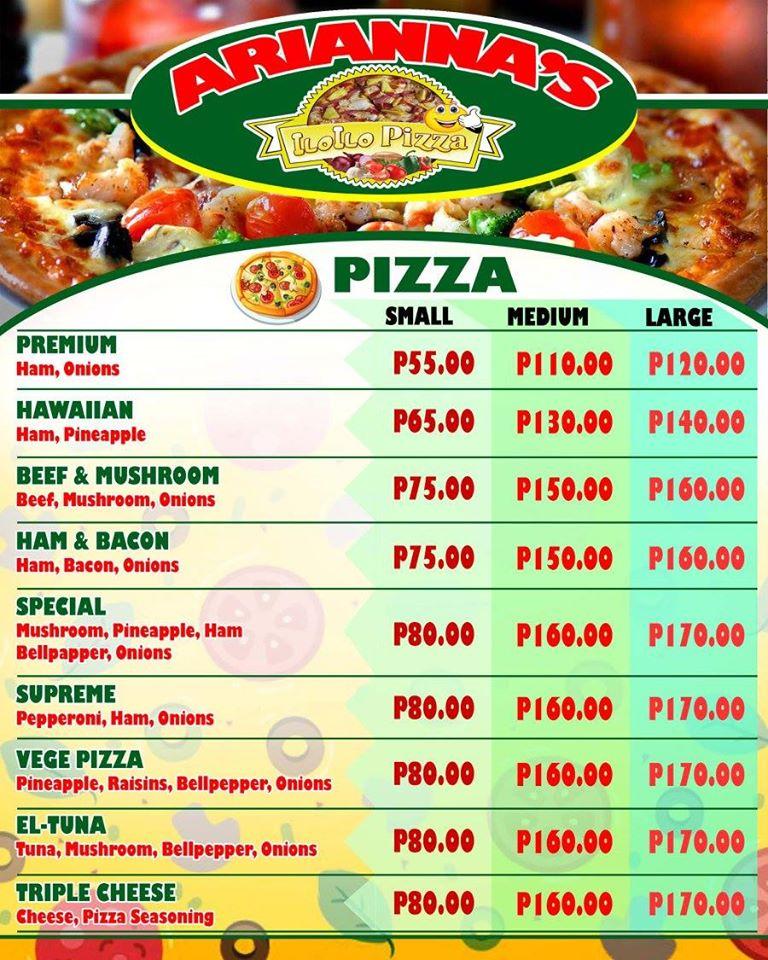 Menu at Iloilo Arianna's Pizza Brooke's Point Branch pizzeria, Brooke's