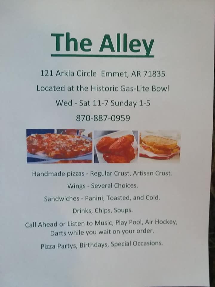 Menu at The Alley restaurant, Emmet
