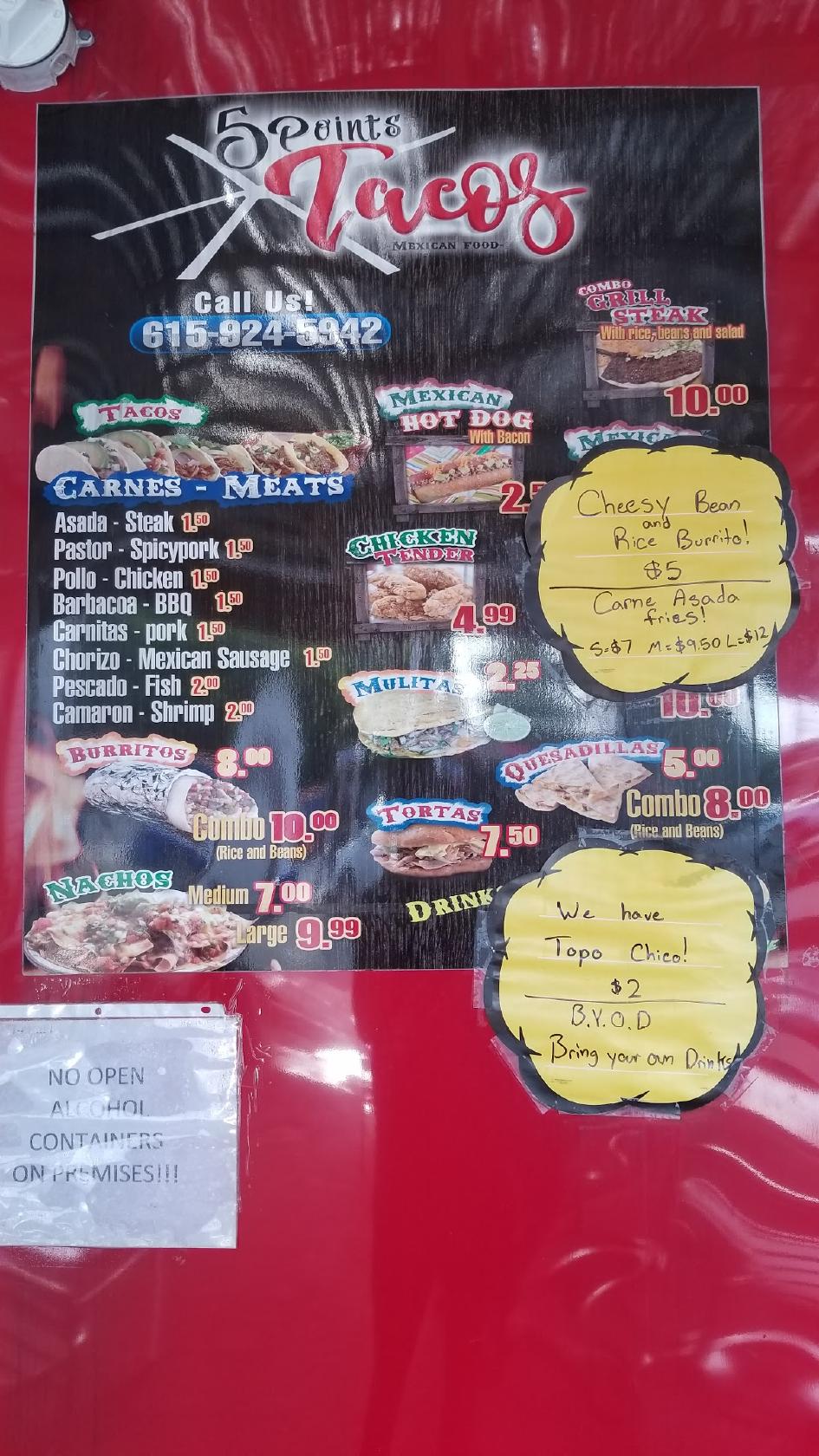 Menu at Cheap Charlie's Taco Shop restaurant, Nashville