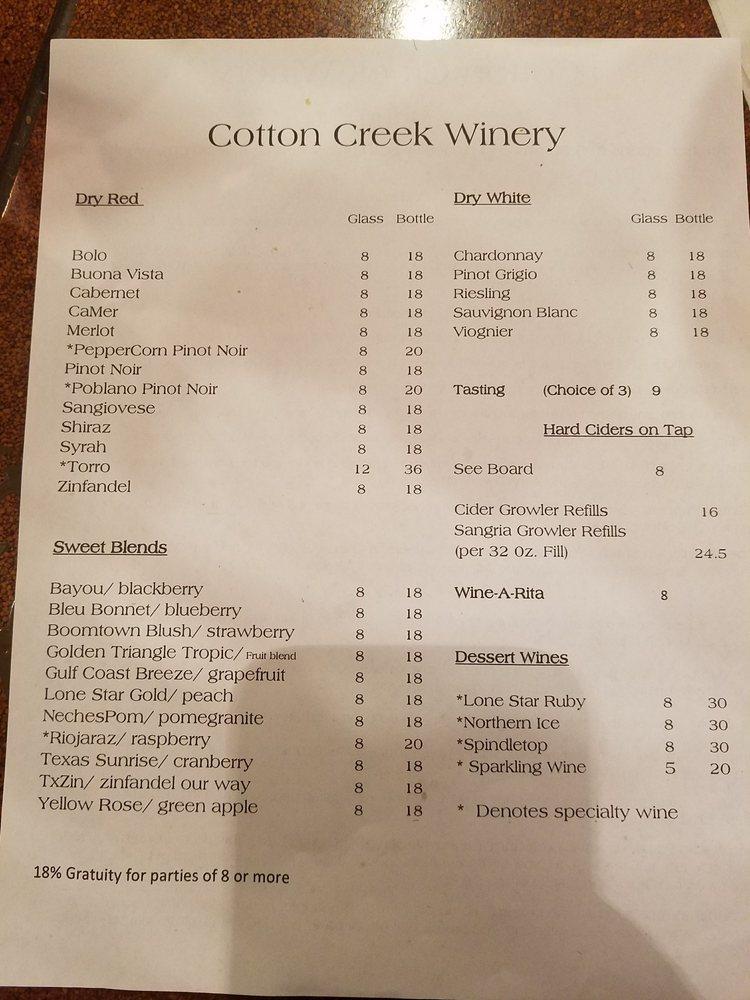 Menu at Cotton Creek Winery pub bar Beaumont