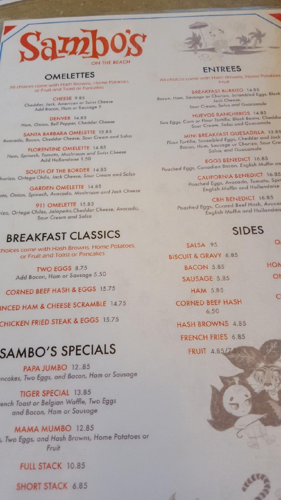 Menu at Sambo's restaurant, Santa Barbara