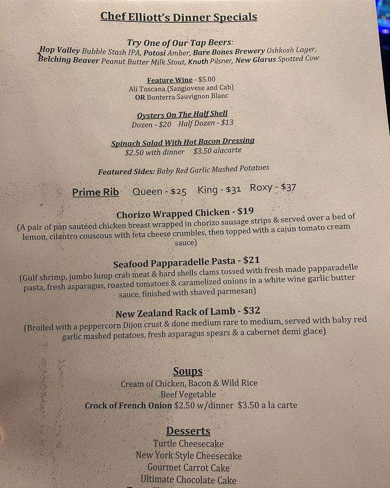 Menu at The Roxy Supper Club, Oshkosh