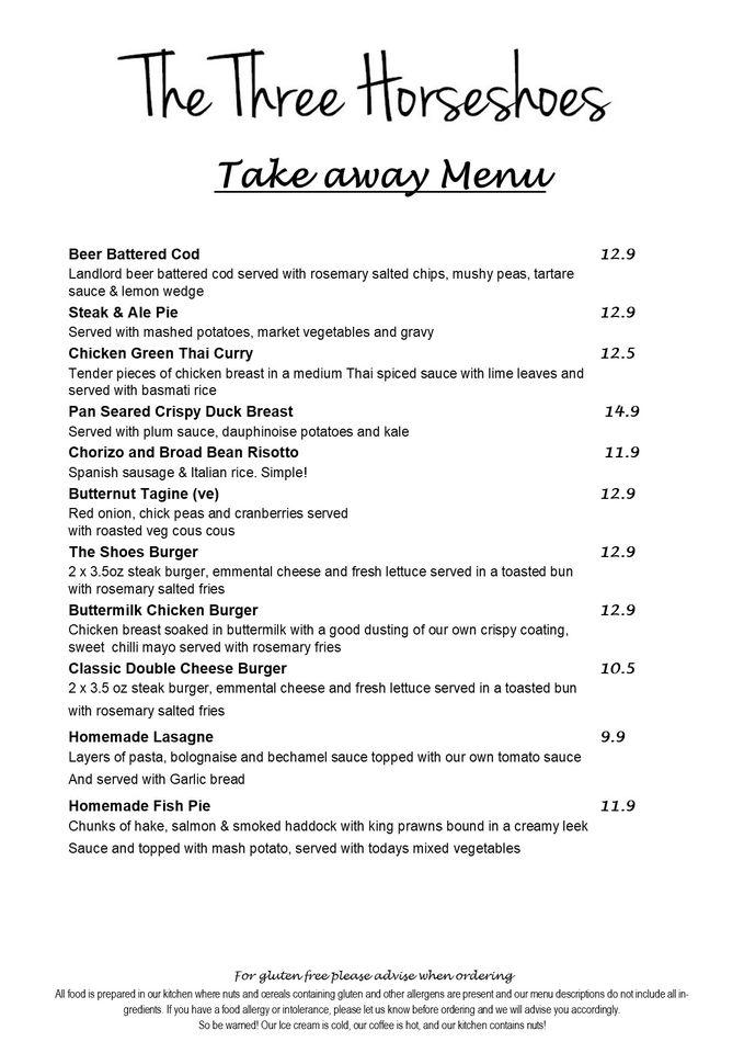 Menu at Three Horseshoes pub & bar, Hinxworth