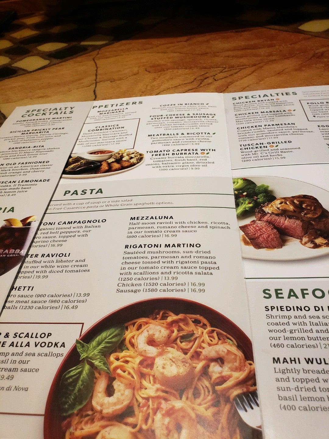 Menu at Carrabba's Italian Grill restaurant, Independence, E Valley