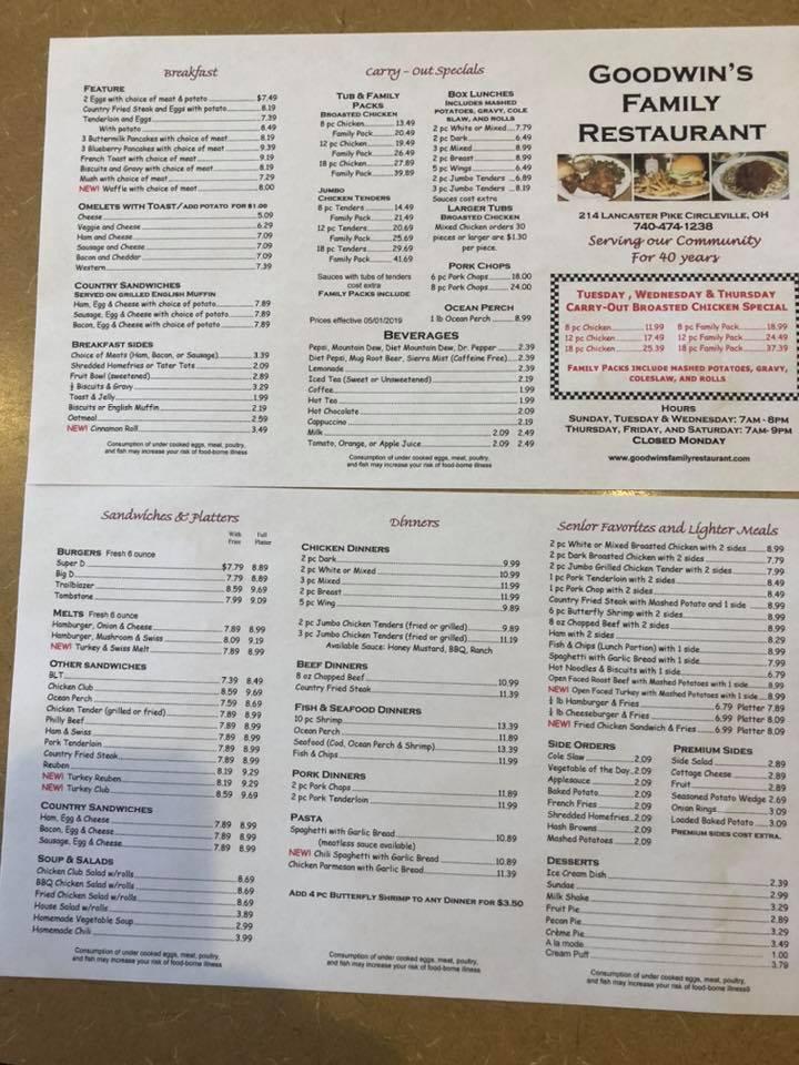 Menu at Goodwin's Family Restaurant, Circleville