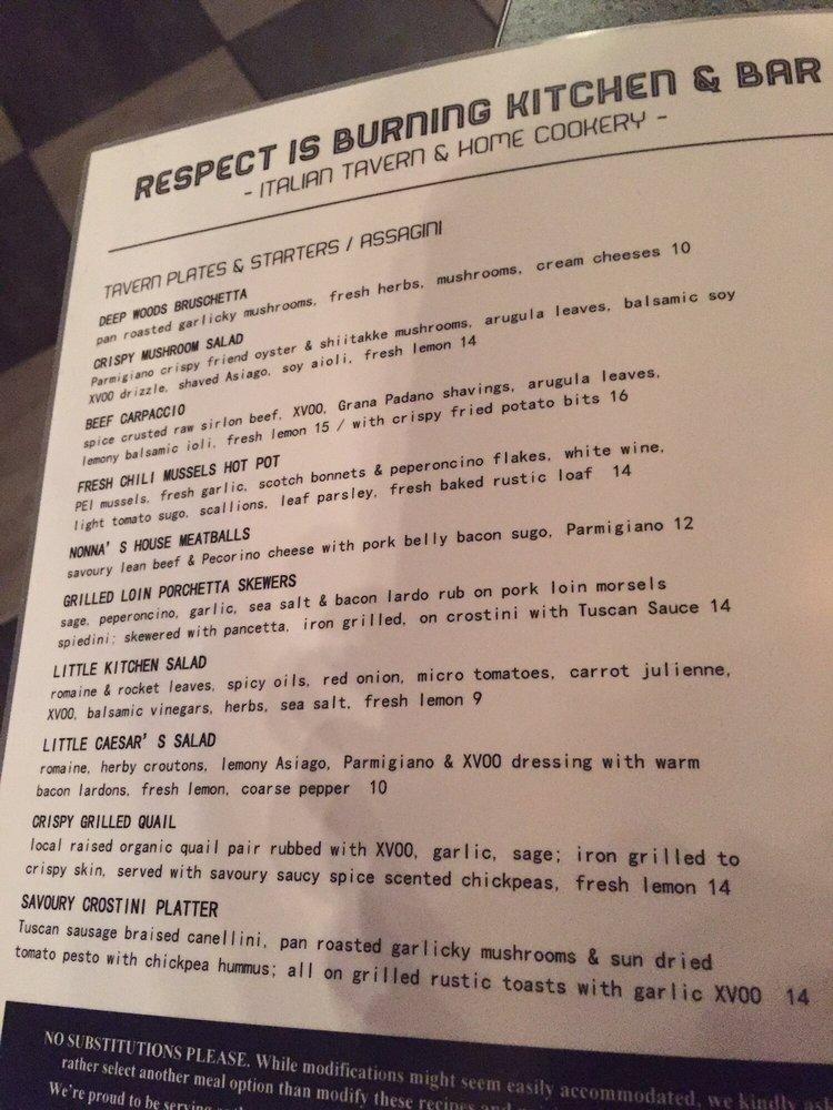 Menu at Respect Is Burning Kitchen and Bar, Sudbury