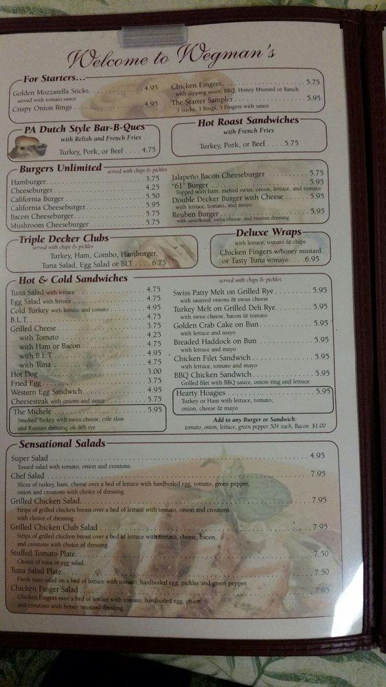 Menu at Wegman's Restaurant, Reading