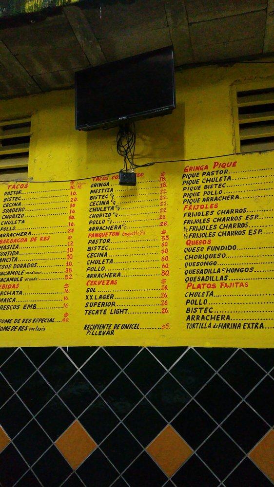 Menu at Taqueria El Pique restaurant, San Miguel de Cozumel, Pedro Joaquín  Coldwell