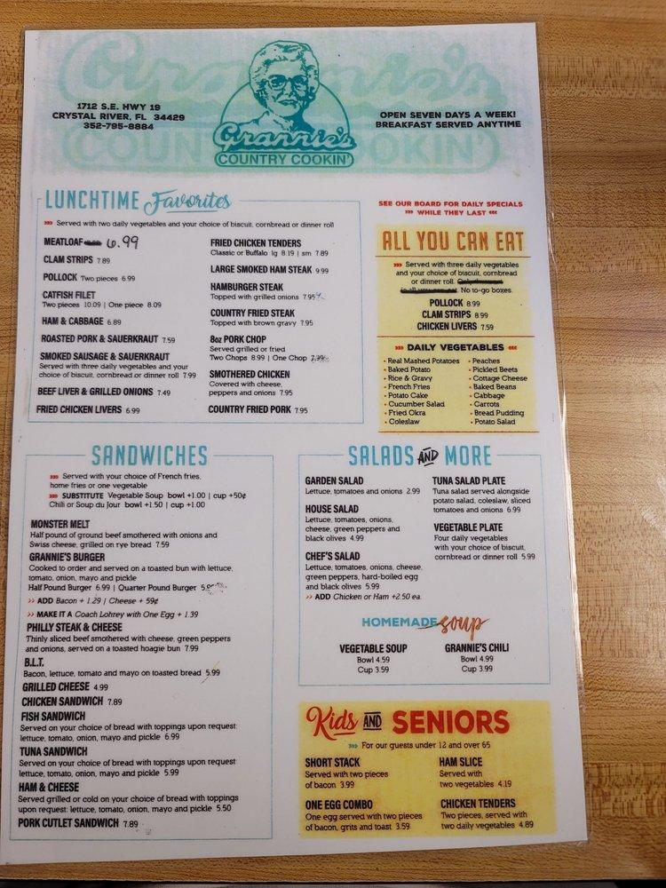 Menu at Grannies restaurant, Crystal River