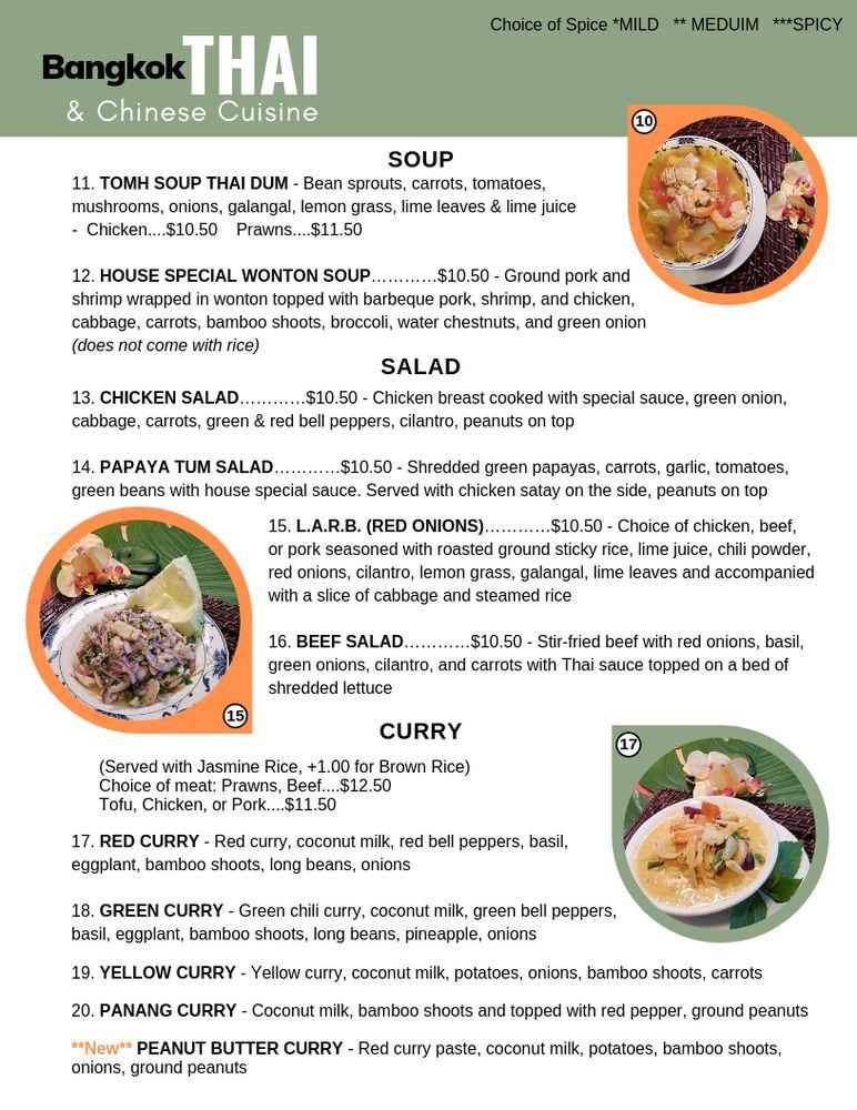 Menu at Bangkok Thai Restaurant, Lacey