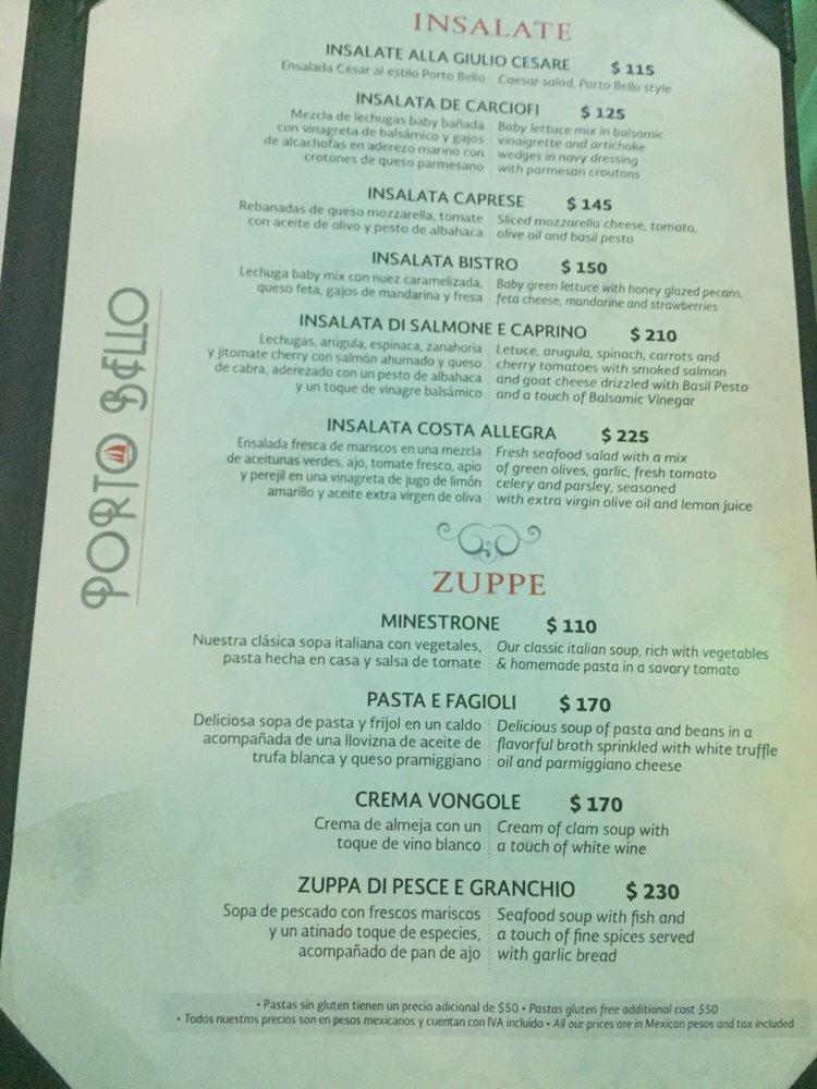 Menu at Porto Bello restaurant, Puerto Vallarta, C. Popa s/n
