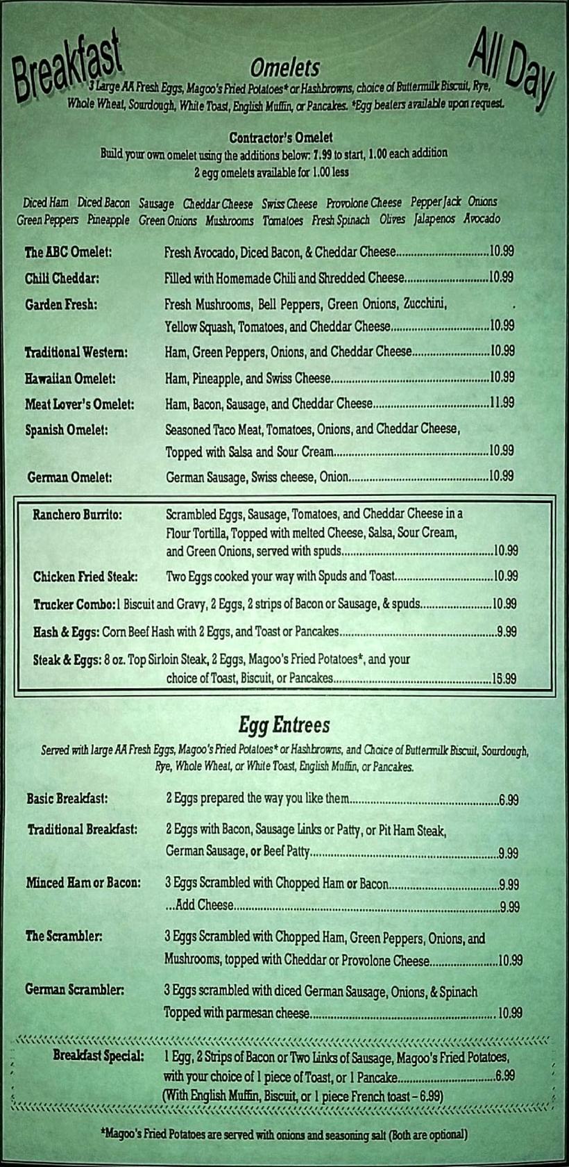 Menu at Magoo's Restaurant, Omak