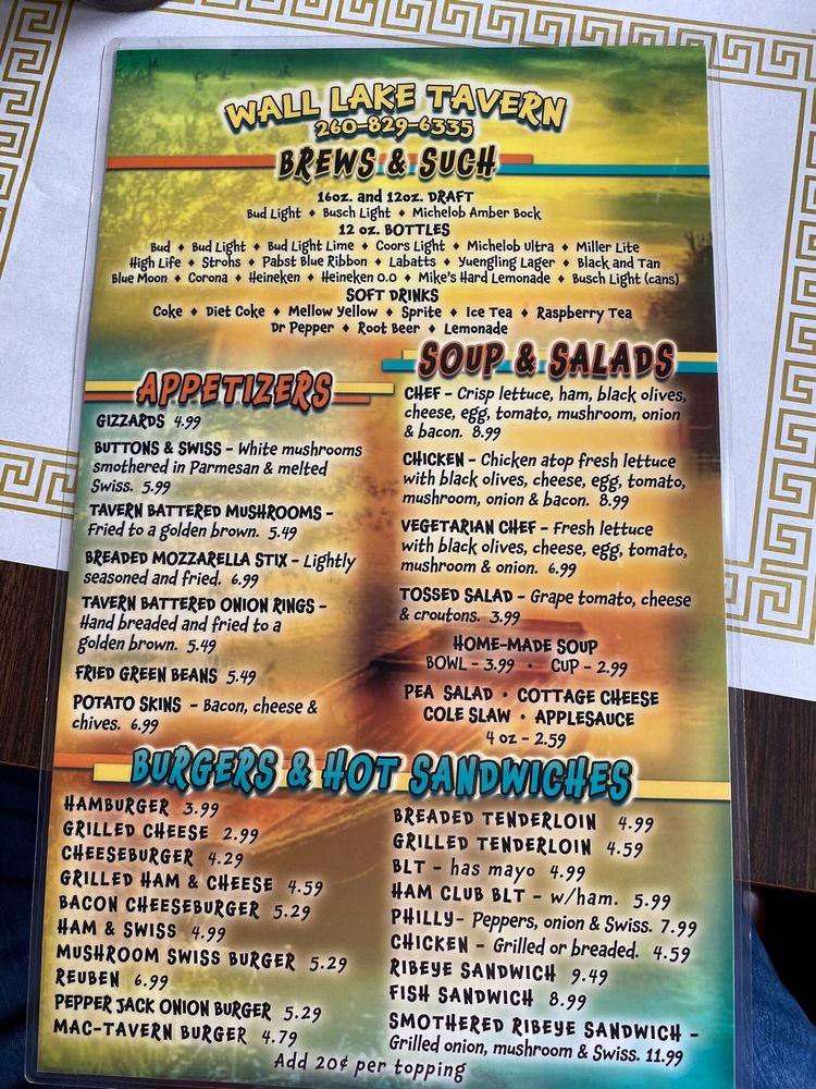 Menu At Wall Lake Tavern Restaurant Orland