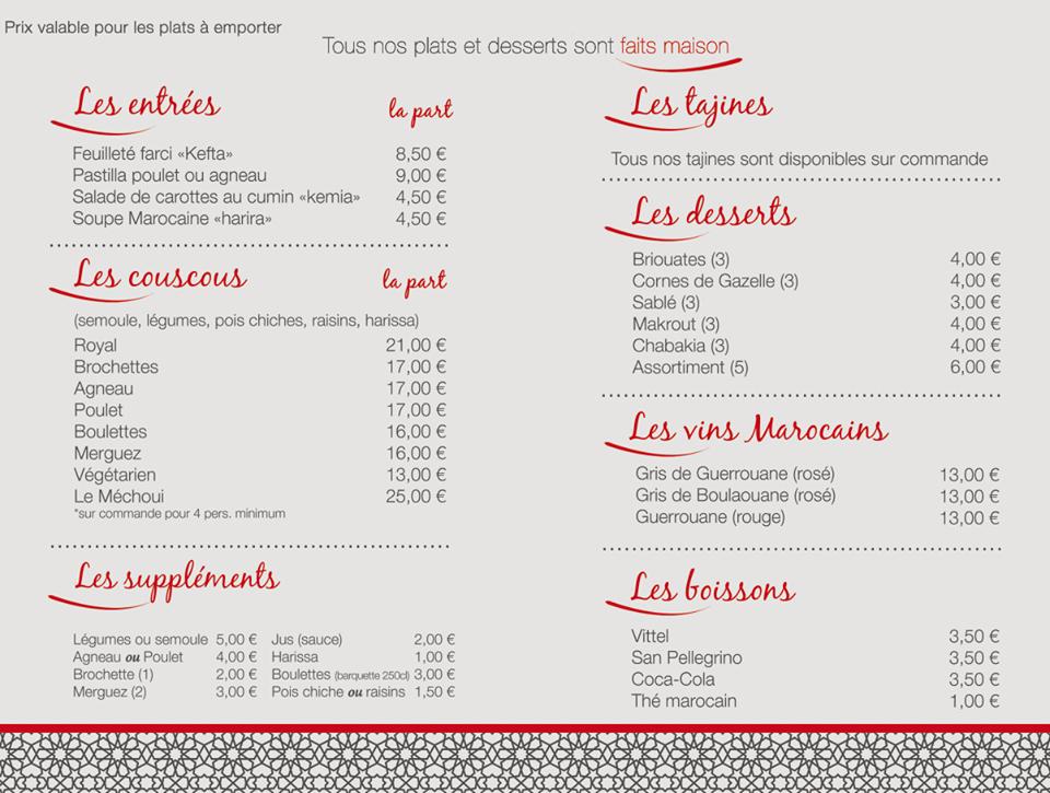 Menu at Allo Couscous restaurant, Lille, 19 Bd Montebello
