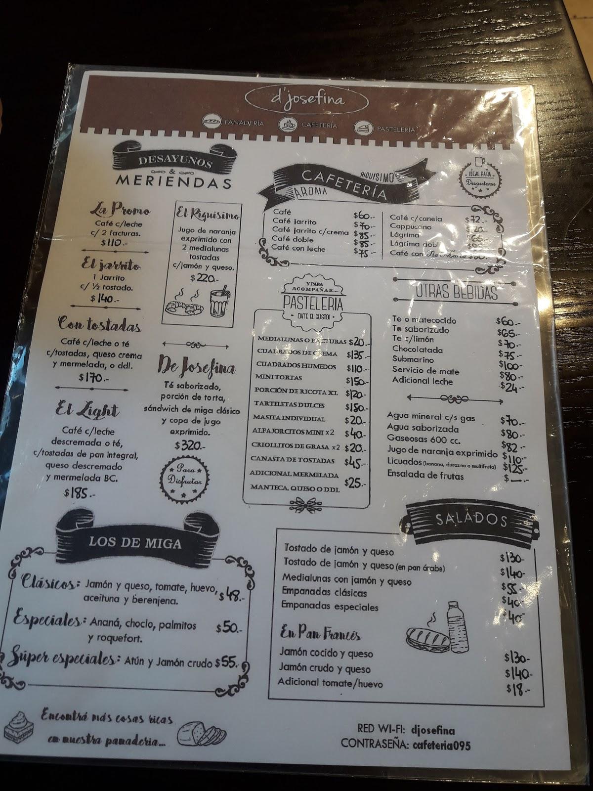 Menu at JOSEFA cafe, Argentina