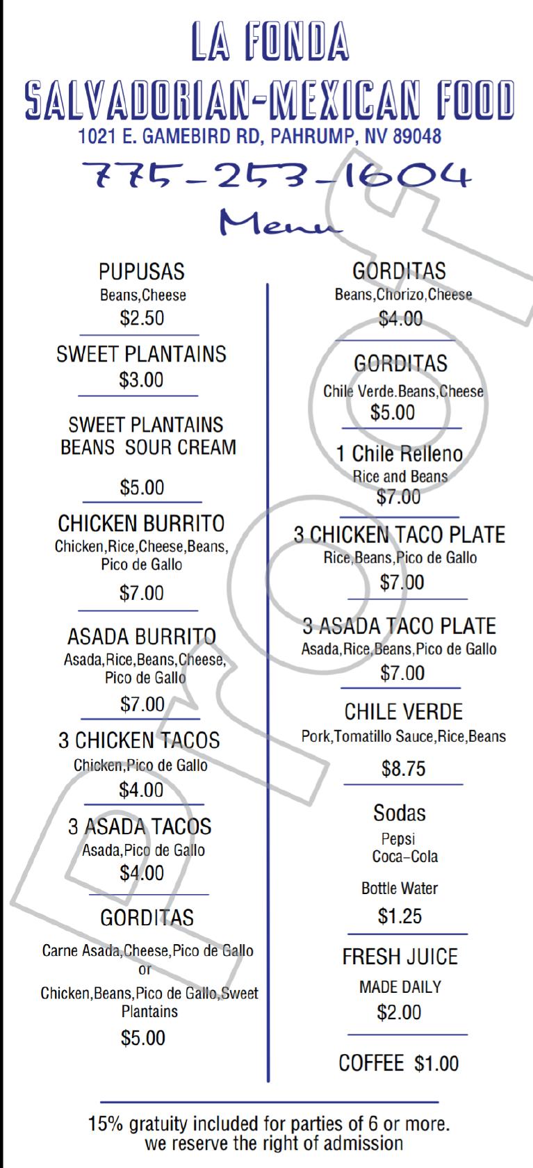 Menu at La Fonda mexican restaurant, Pahrump