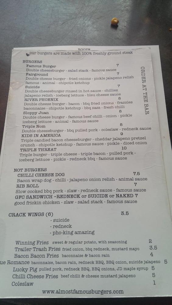 Menu at Almost Famous Liverpool restaurant, Liverpool