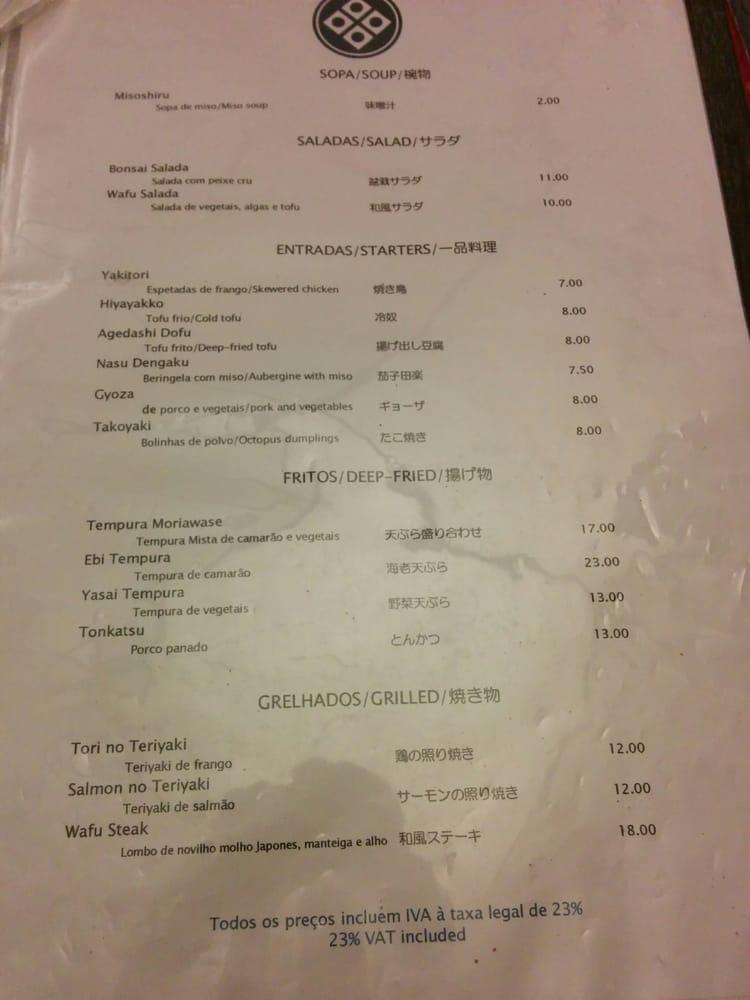 Menu em Bonsai restaurante, Lisboa, R. da Rosa 248