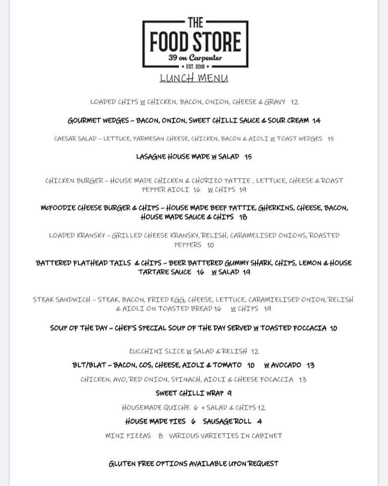 Menu at The Food Store cafe, Maffra