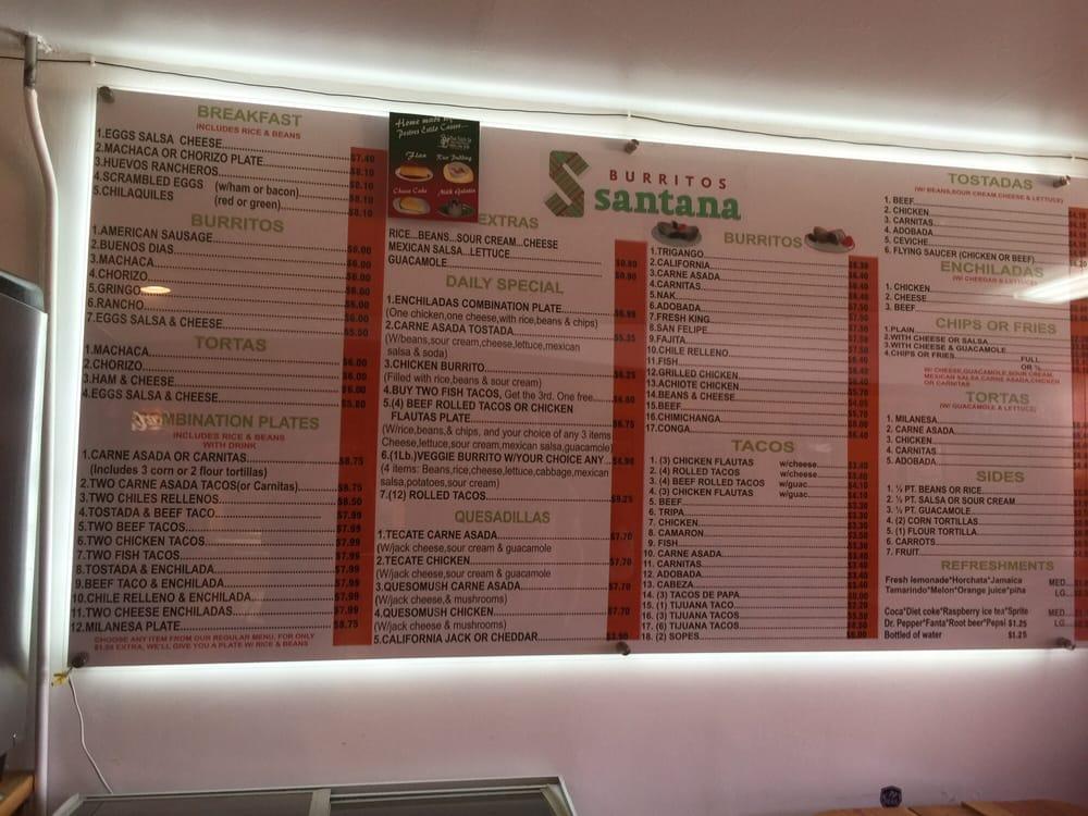 Menu at Burritos Santana restaurant, San Diego, San Diego Mission Rd
