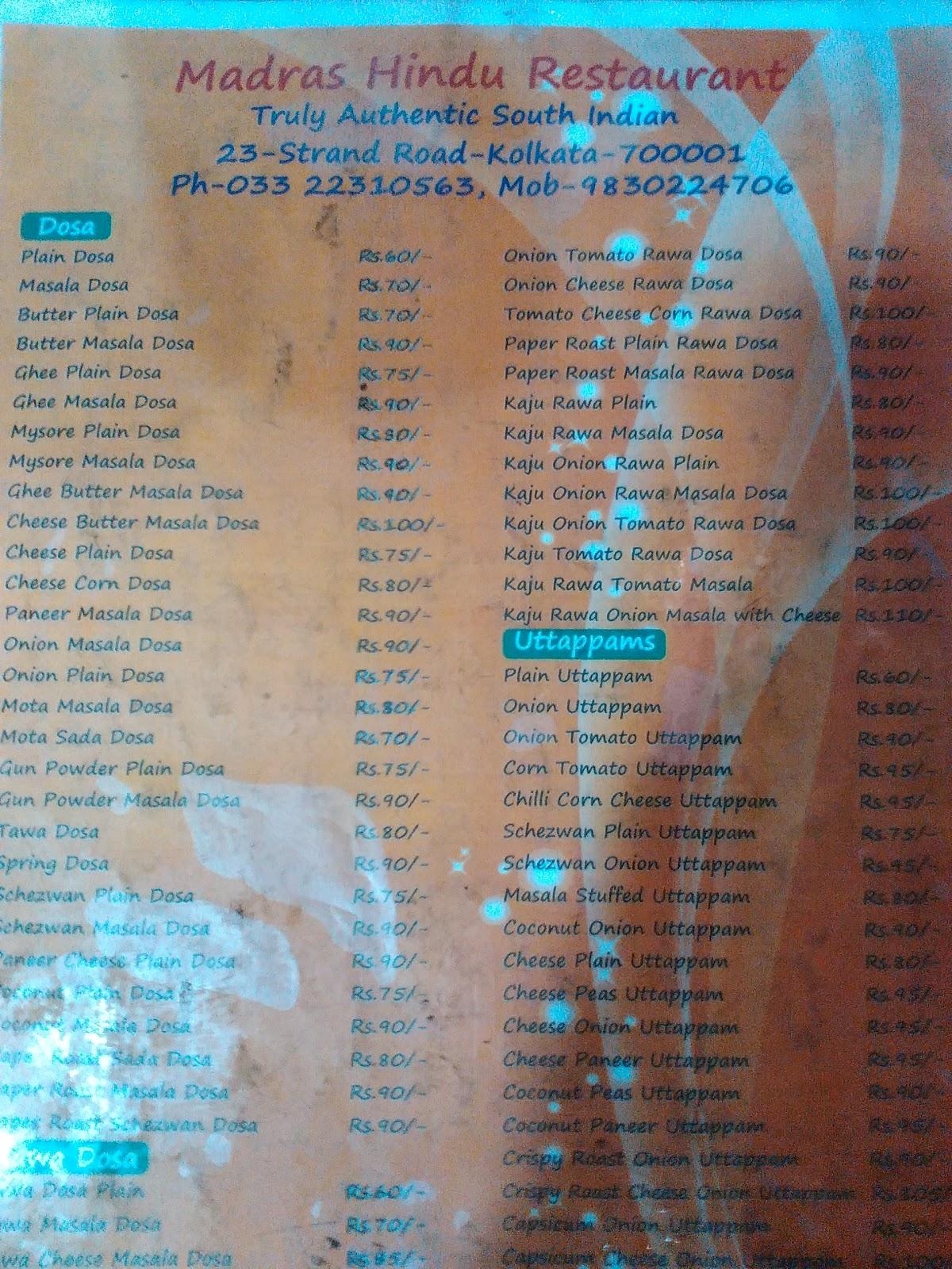 Madras Hindu Restaurant menu