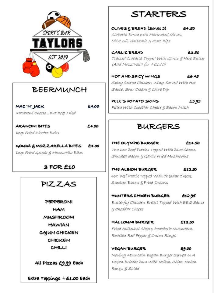 Menu at Taylor's Sports Bar & Restaurant, Eastbourne