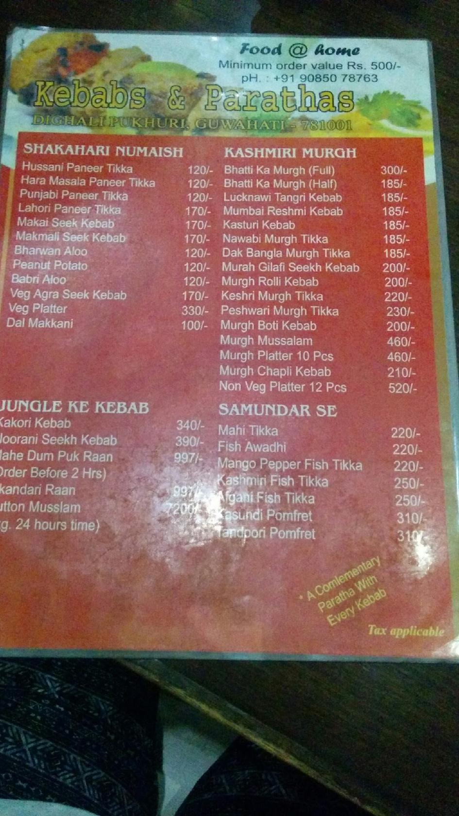 Menu at Kebabs & Parathas, Guwahati, 5QP2+PV8