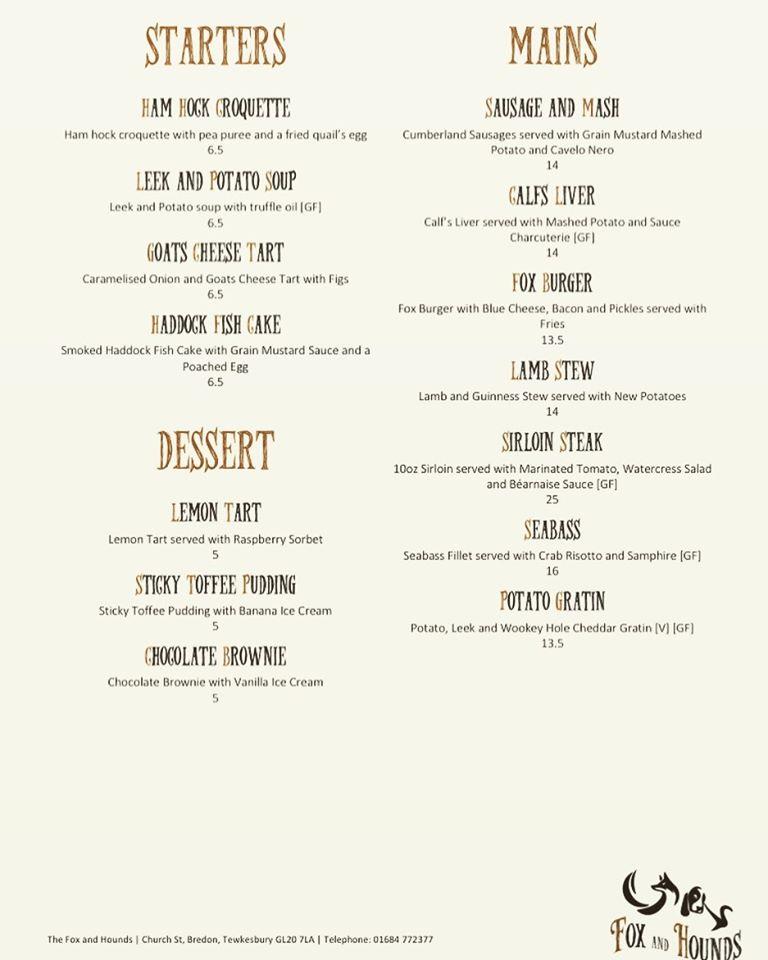 Menu at The Fox & Hounds restaurant, Tewkesbury